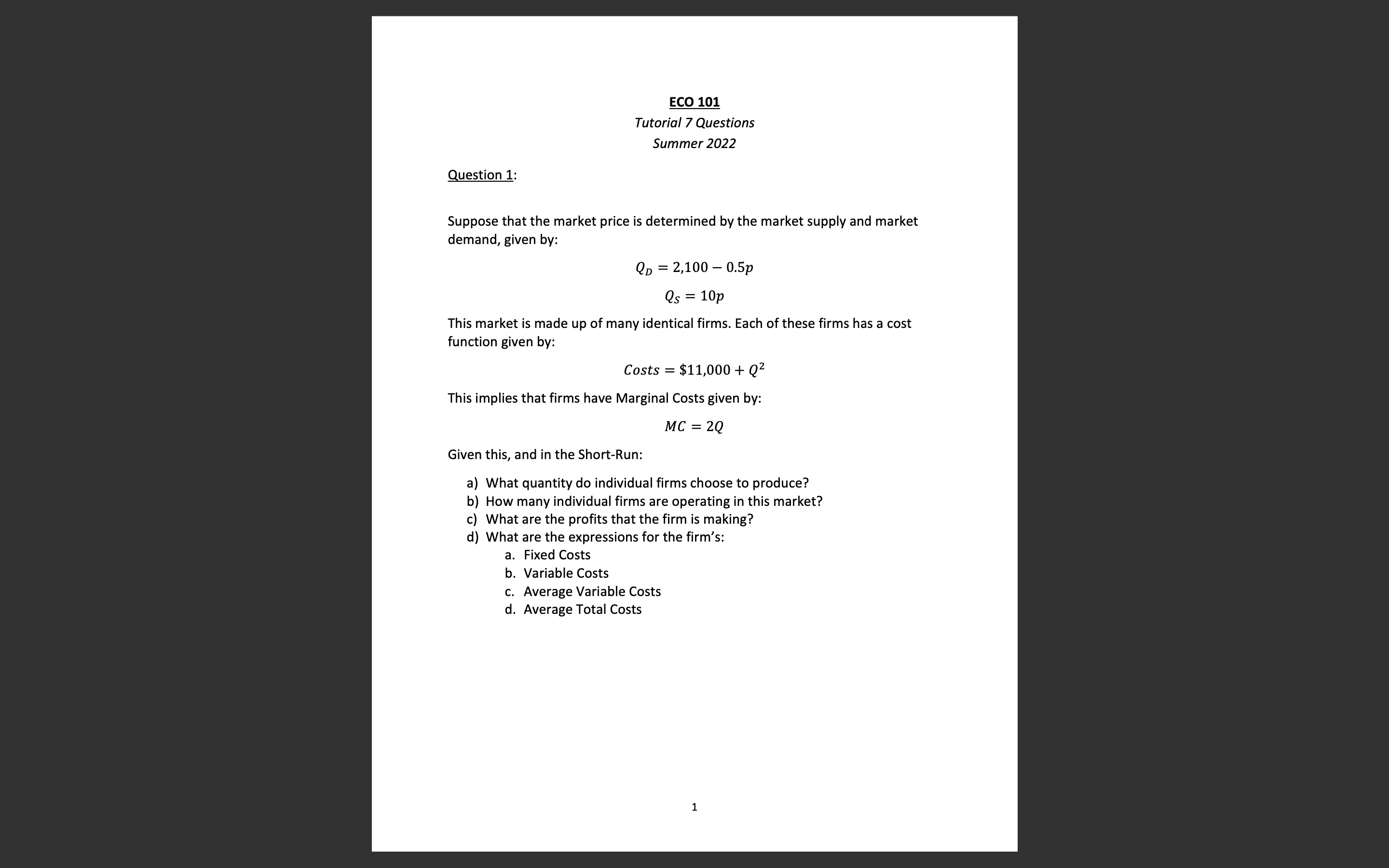 given by: QB = 2,100 0.5;: Qs = 101) This market is