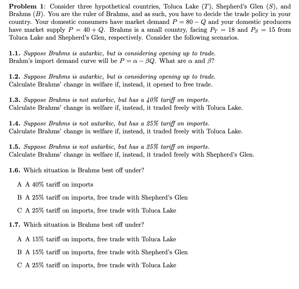 Y5 Problem 1: Consider three hypothetical countries, Toluca Lake (T), Shepherd's