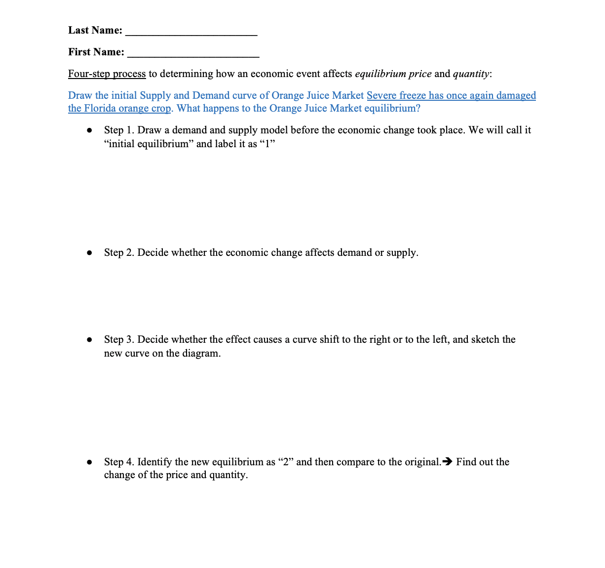 event affects equilibrium price and quantity: Draw the initial Supply and Demand
