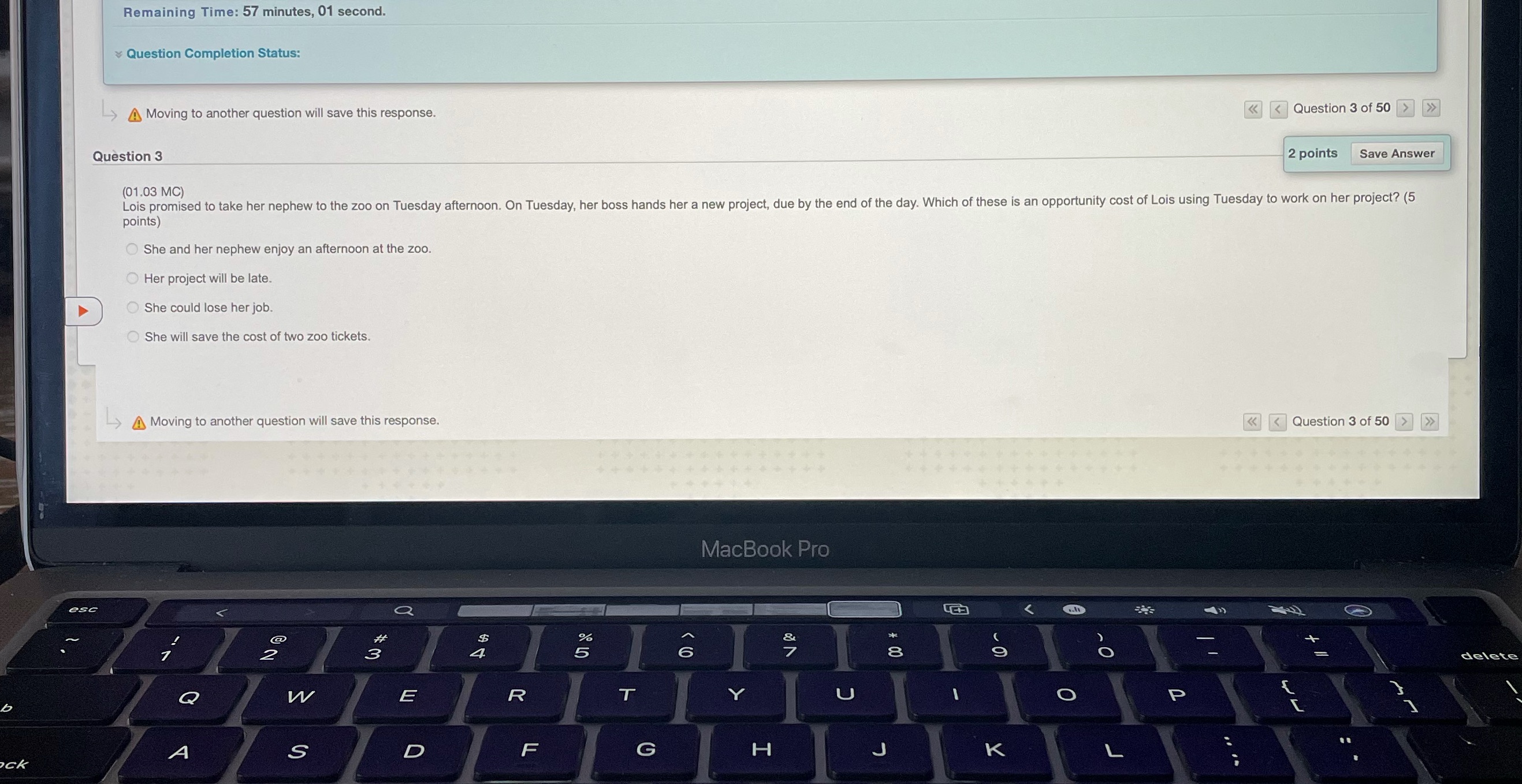 Remaining Time: 57 minutes, 01 second. Question Completion Status: Moving to