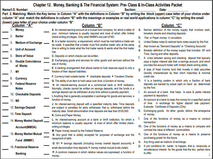 In-Class Activities Packet Name/I.D. Number: Section: Date: Part 2. Matching: Match the