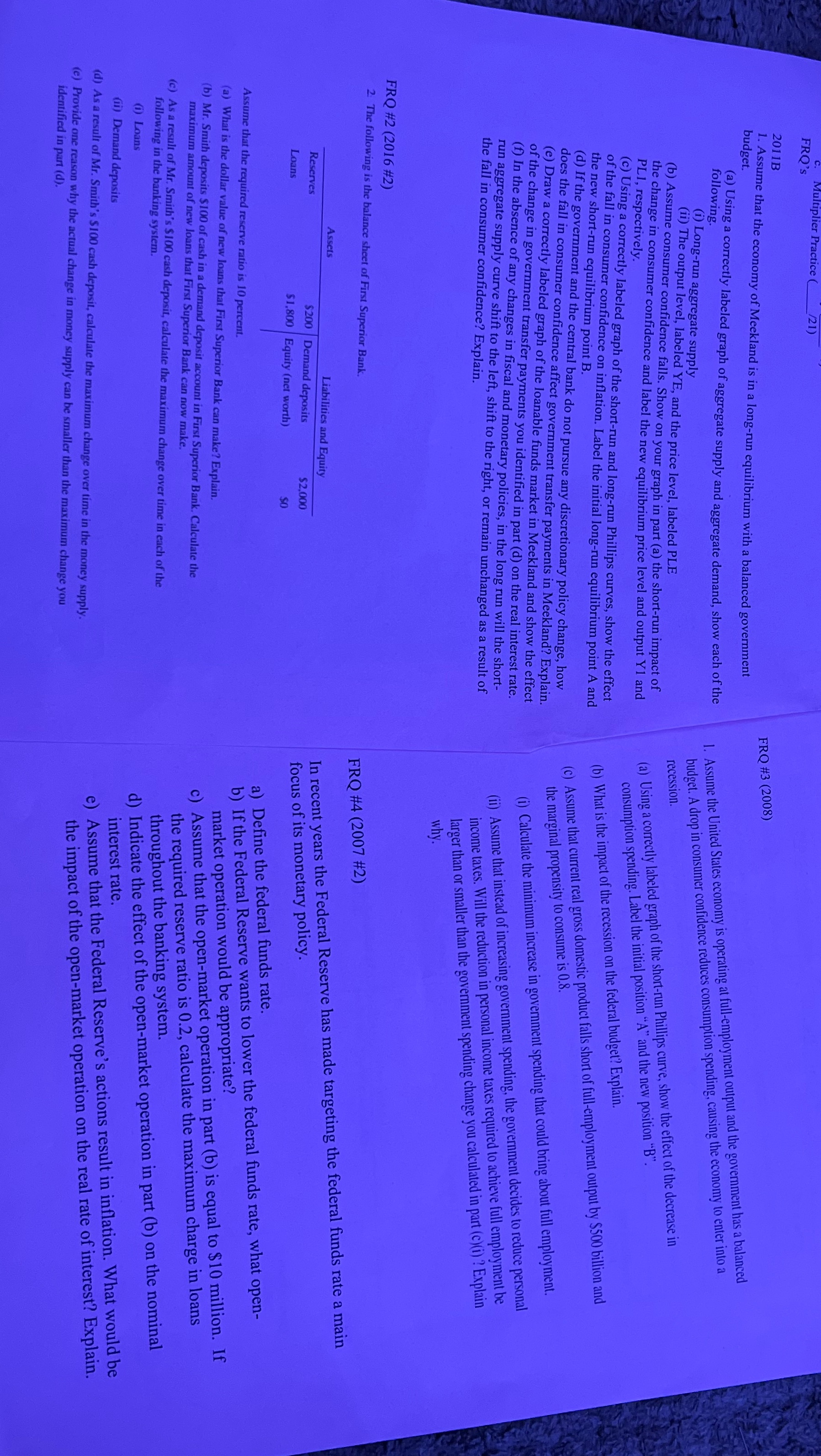 Please answer FRQS 1,2,3,4 with legible handwriting, incorrect graphs FRQ's 2011B