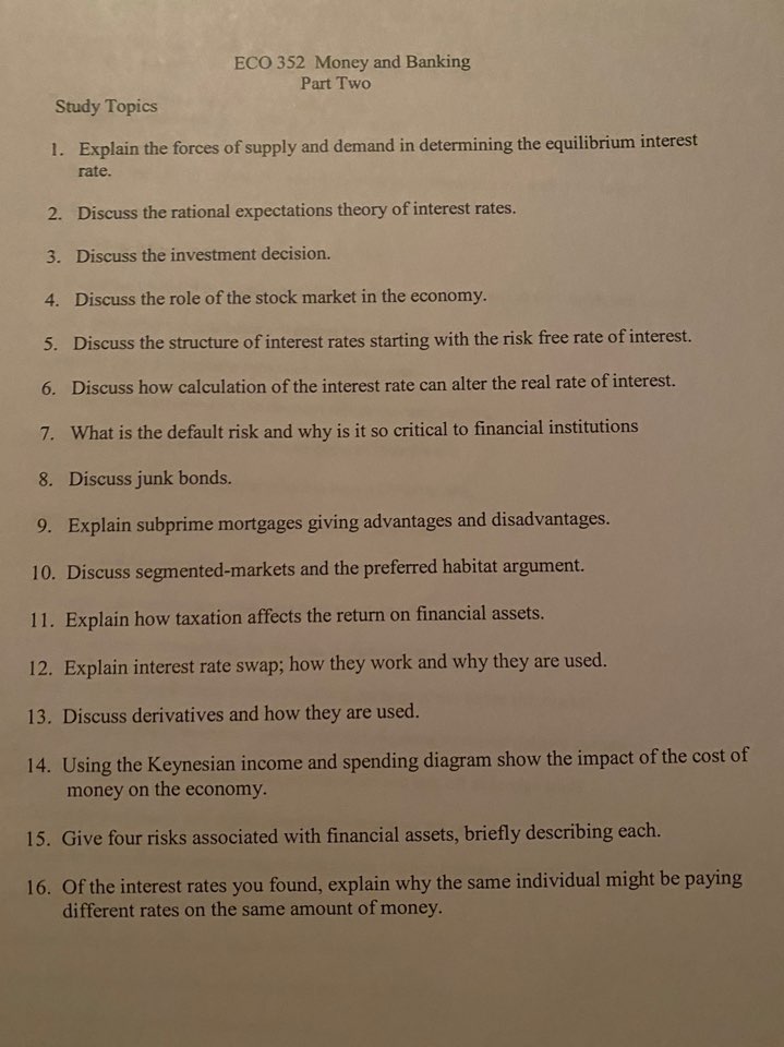  Please answer ECO 352 Money and Banking Part Two Study Topics
