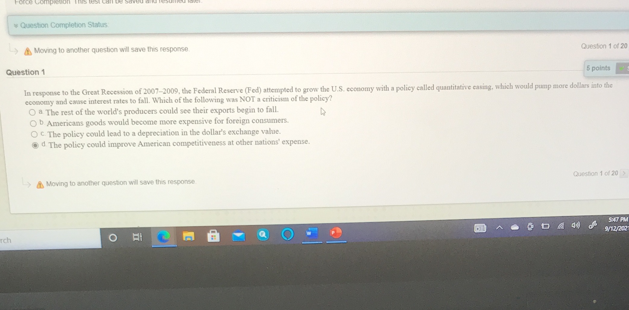 Question 1 of 20 Question 1 5 points In response to the