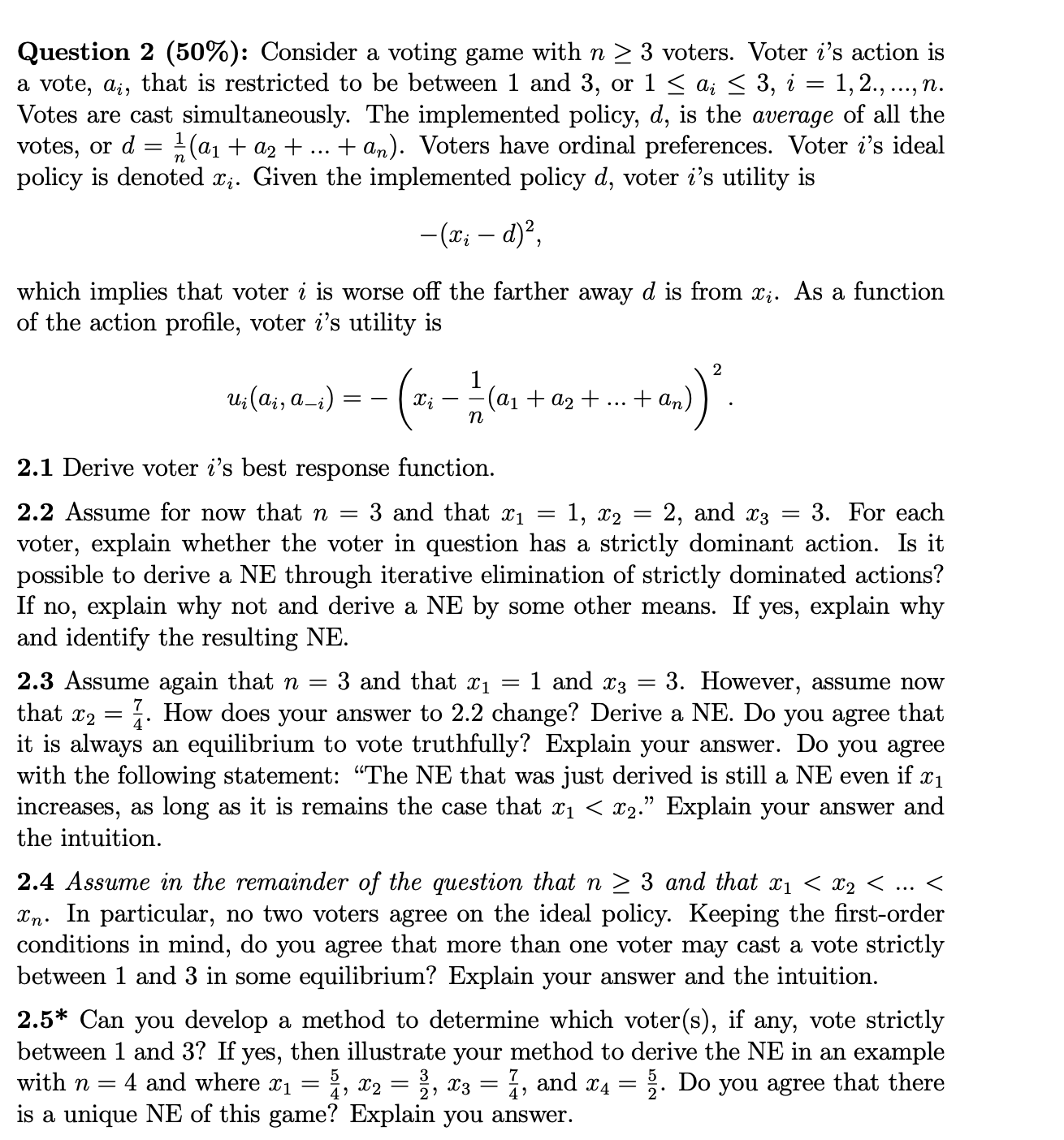  please answer Question 2 (50%): Consider a voting game with n
