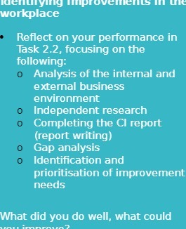 identifying improvements workplace Reflect on your performance in Task 2.2, focusing