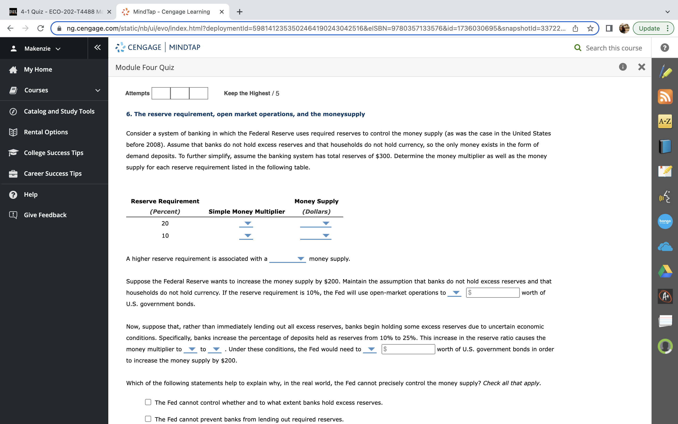  4-1 Quiz - ECO-202-T4488 l\\ x {'14 MindTap Cengage Learning X