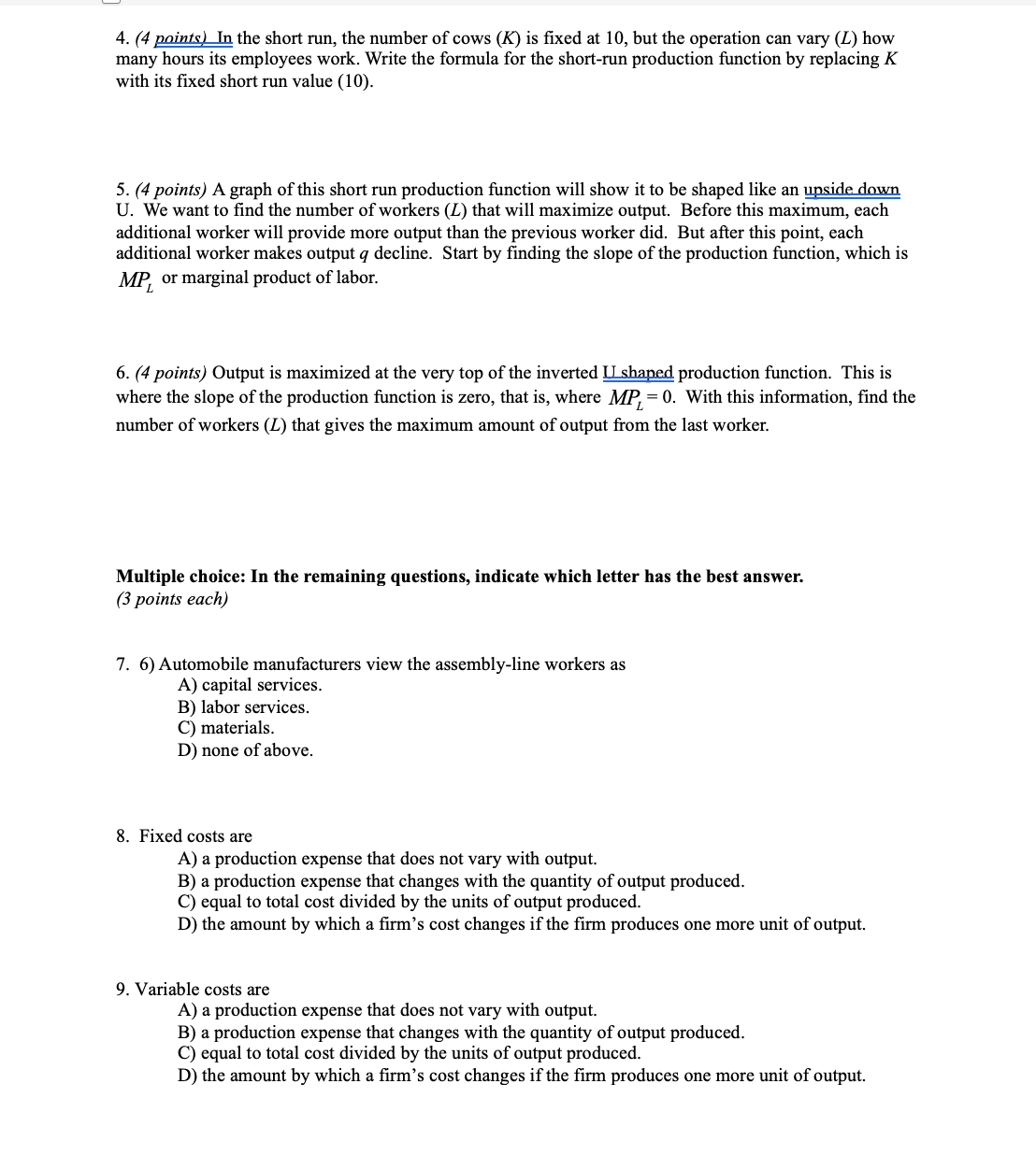 analytical questions: 25 points altogether - 5 multiple choice; 3 points each