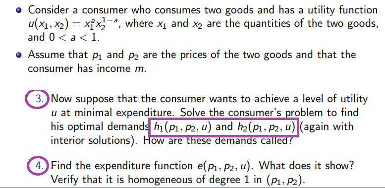 part 3. When I solved these optimal Hicksian demands I got very