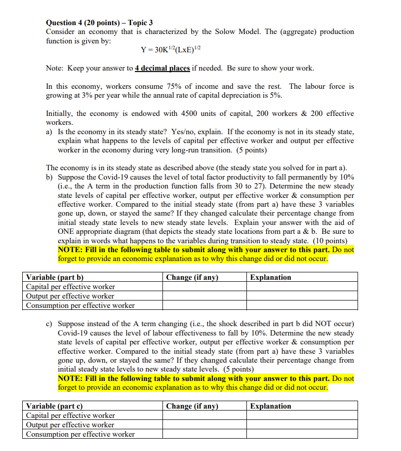 is characterized by the Solow Model. The (aggregate) production function is given