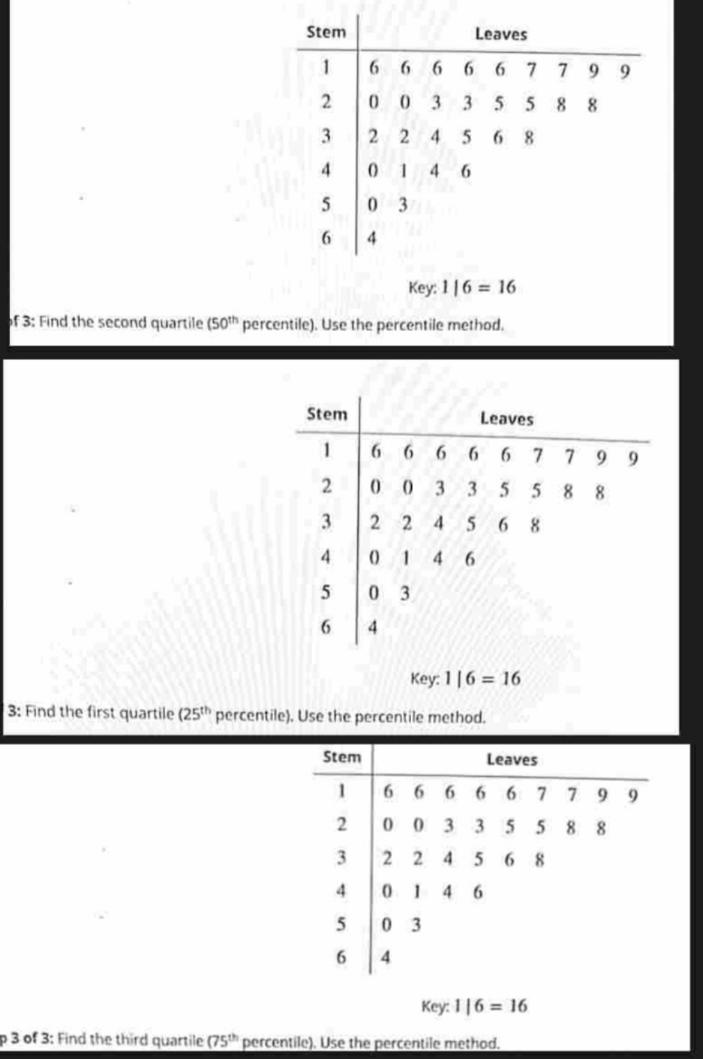 need fast and correct the answer Stem Leaves 6 6 6