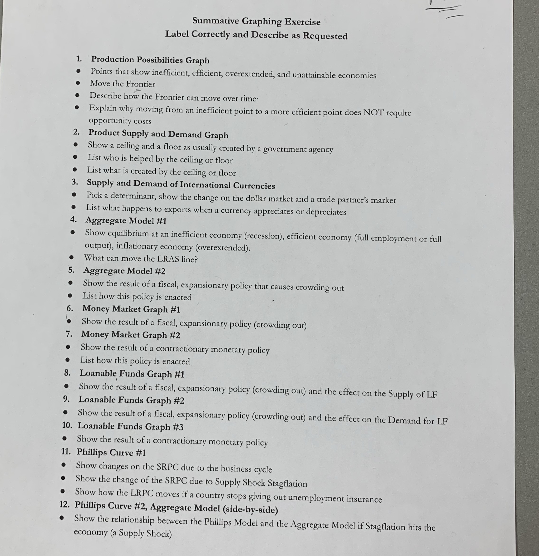 Graph Points that show inefficient, efficient, overextended, and unattainable economies . .