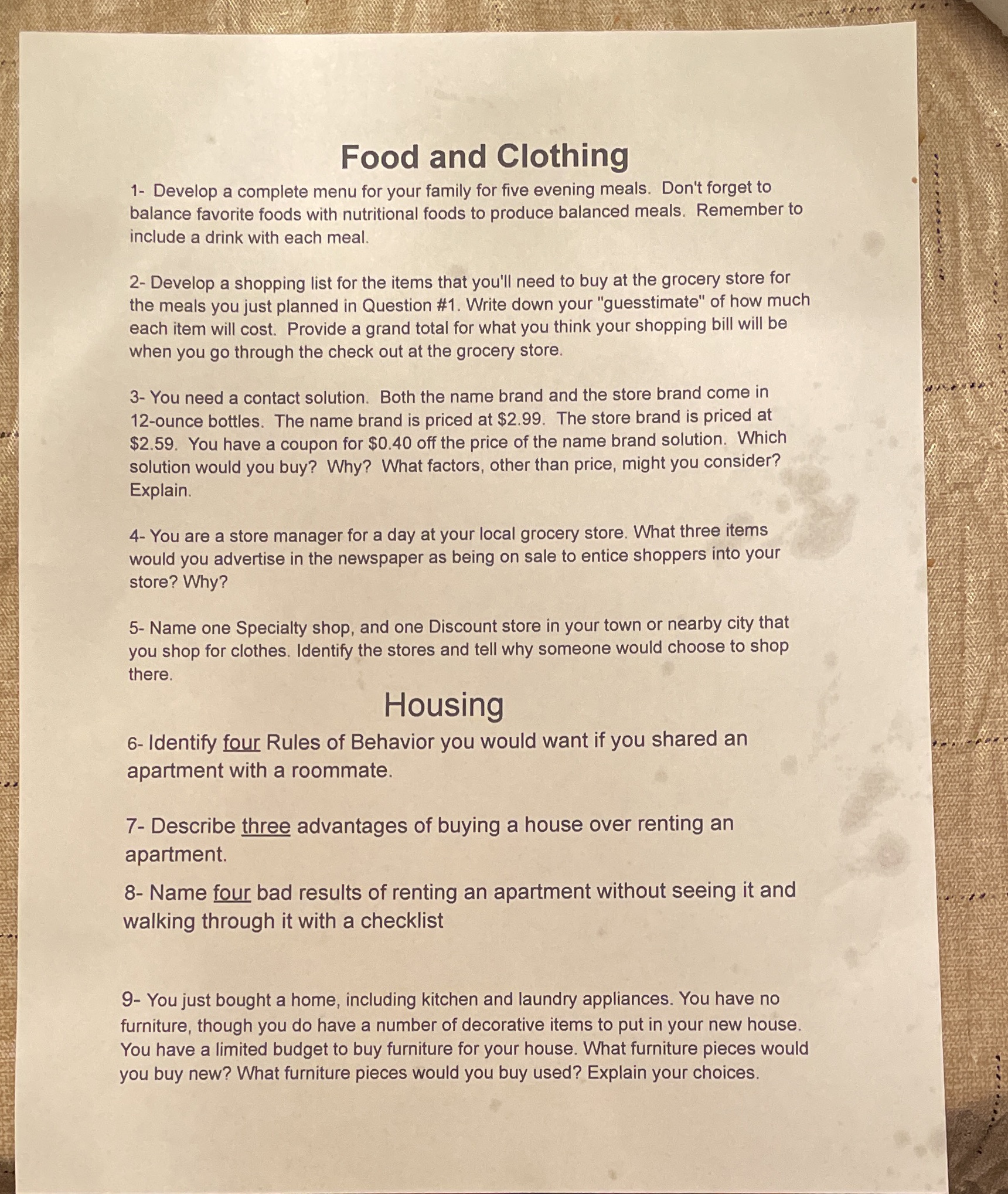  Food and Clothing 1- Develop a complete menu for your family