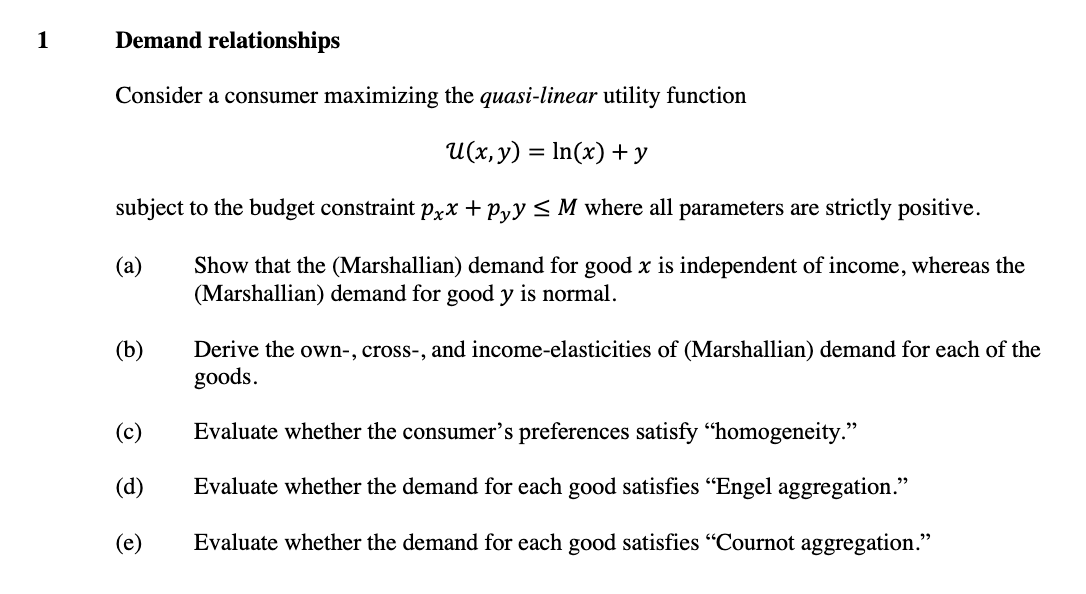 = In(x) +y subject to the budget constraint pxx + pyy -