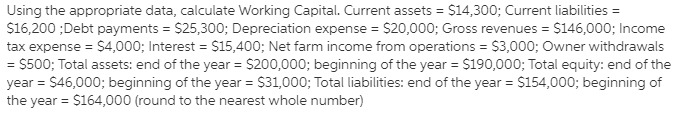  1. Using the appropriate data, calculate Working Capital. Current assets =