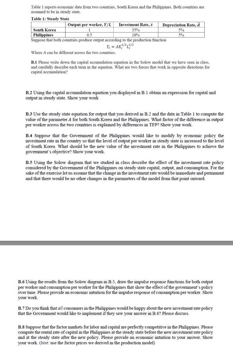 Table 1 reports economic data from two countries, South Korea and