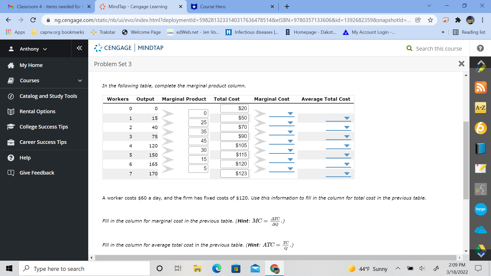 Can you help me answer the Marginal Cost and Average Cost