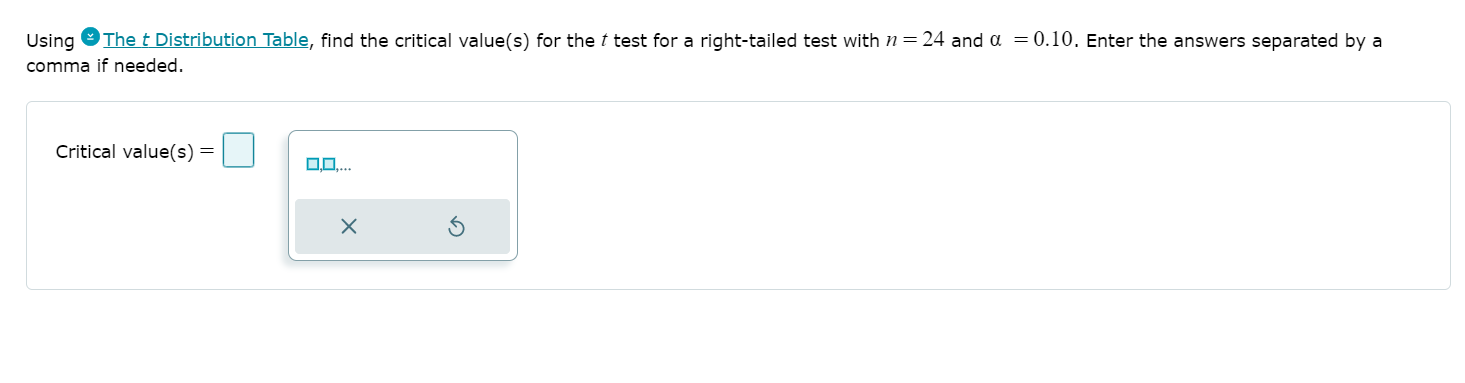 t test for a right-tailed test with n = 24 and a