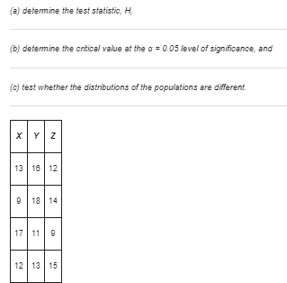 Statistics problems:- (a) determine the test statistic, H, (b) determine the