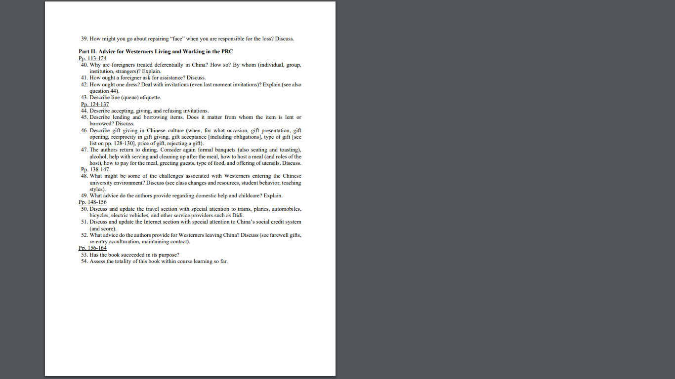 Economy 16. Describe the responsibilities of a host. Chinese Modesty and Humility,