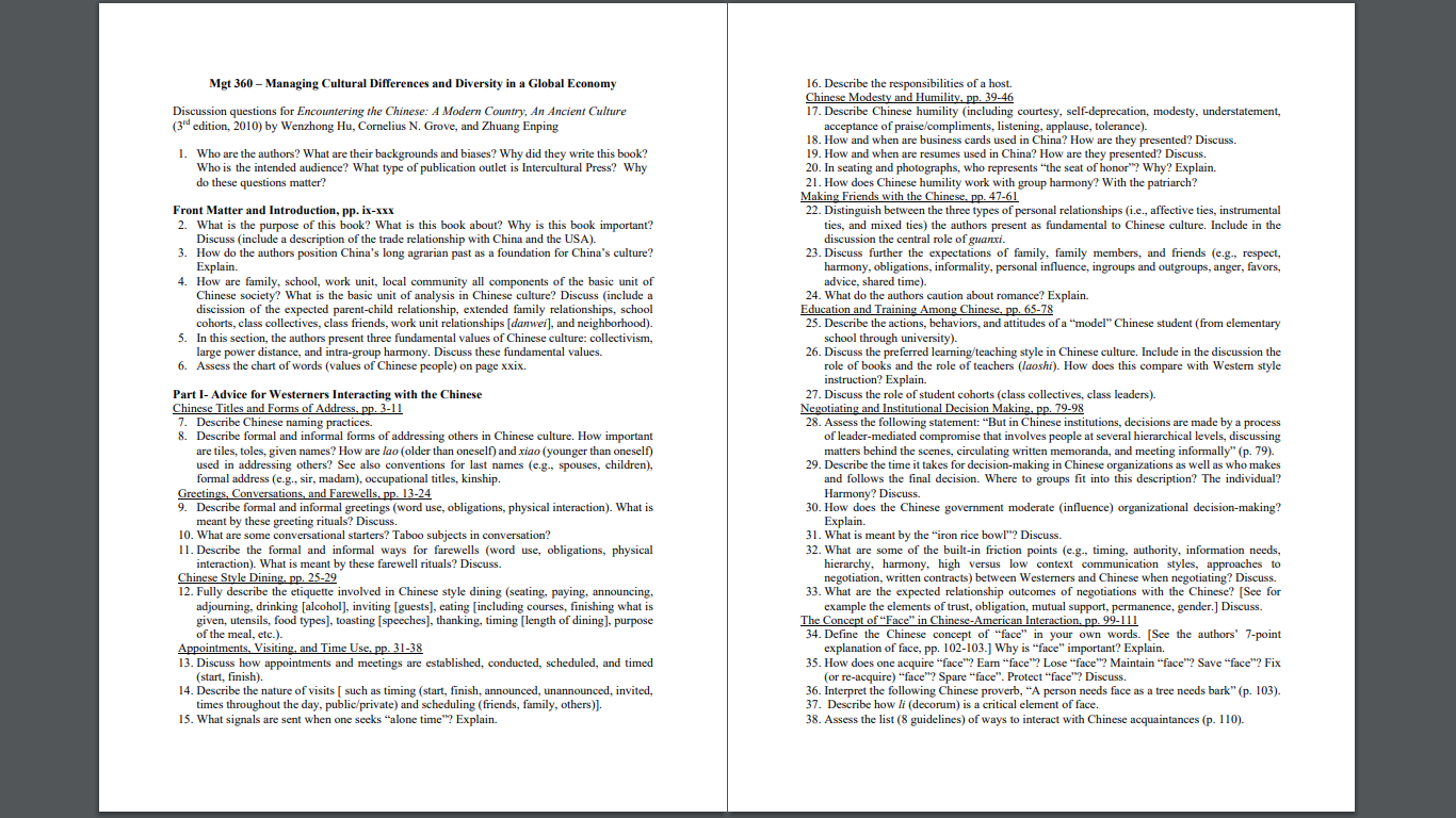 pp. 39-46 Discussion questions for Encountering the Chinese: A Modern Country, An