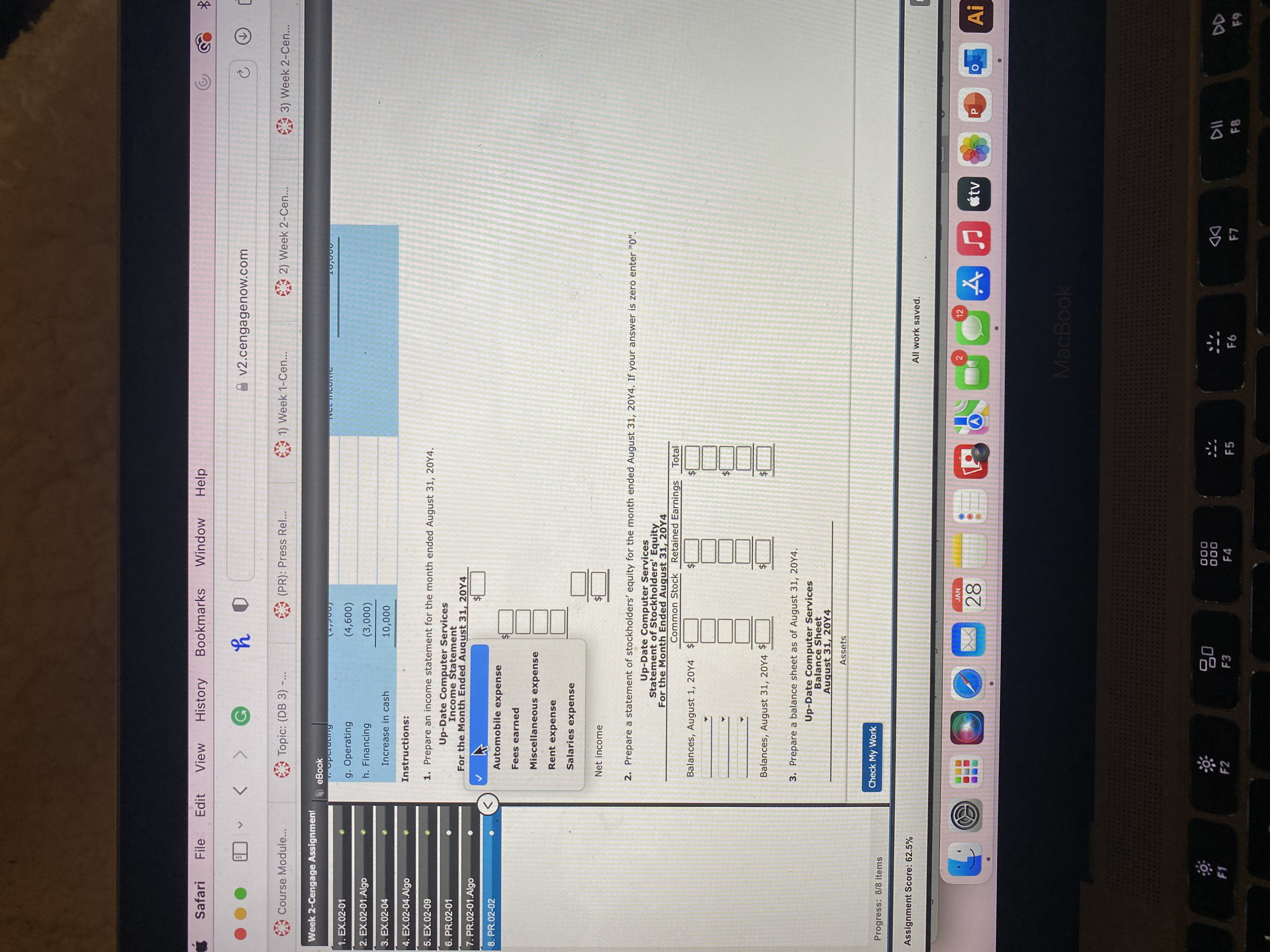 of Cash FlowsBalance SheetAssets=Liabilities+Stockholders' EquityCash+Land=Notes Payable+Common Stock+Retained Earningsa. Issued common stock25,00025,000b. Fees