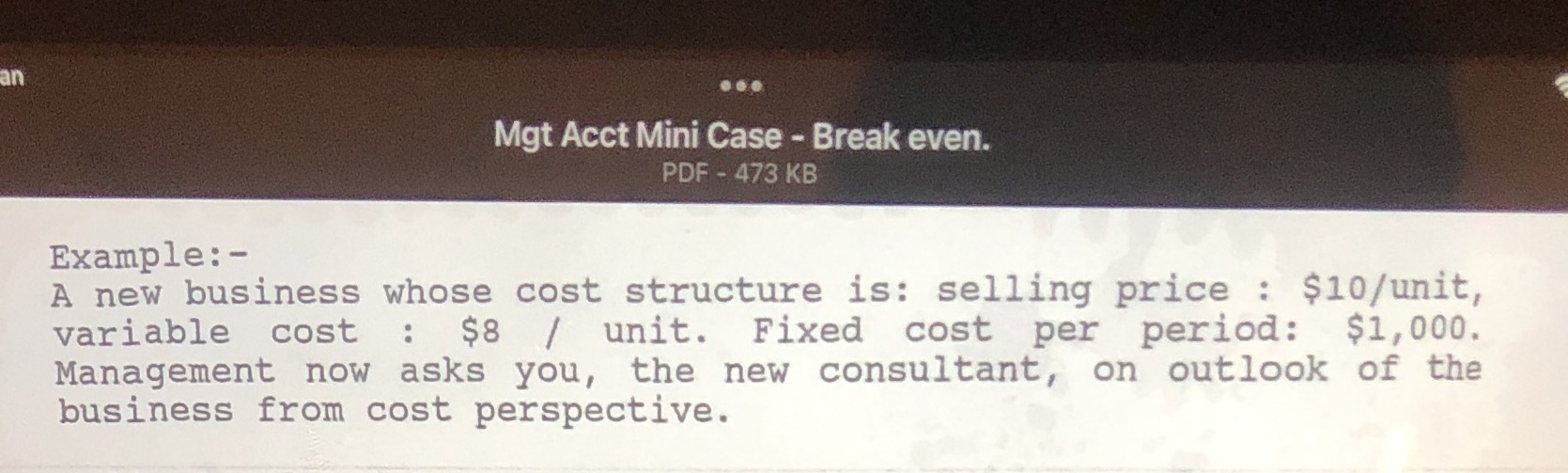  ..1gtAcctE\\ini Case ~ Break men. Example:- _ A new business whose