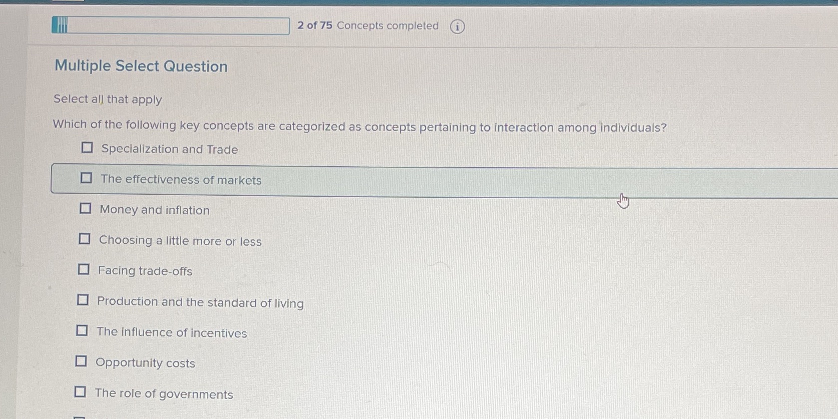 2 of 75 Concepts completed i Multiple Select Question Select all