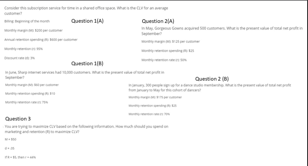 shared office space. What is the CLV for an average customer? Billing: