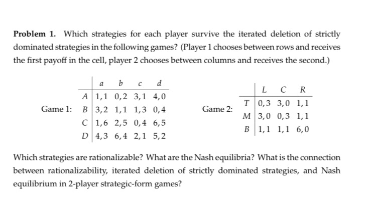 Problem 1. 'Which strategies for each player survive the iterated deletion
