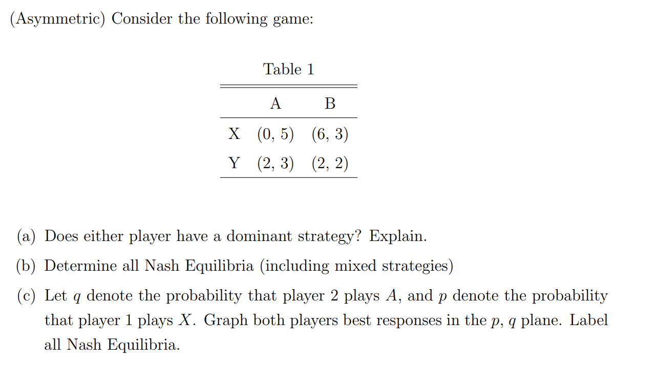  (Asymmetric) Consider the following game: Table 1 (a) Does either player