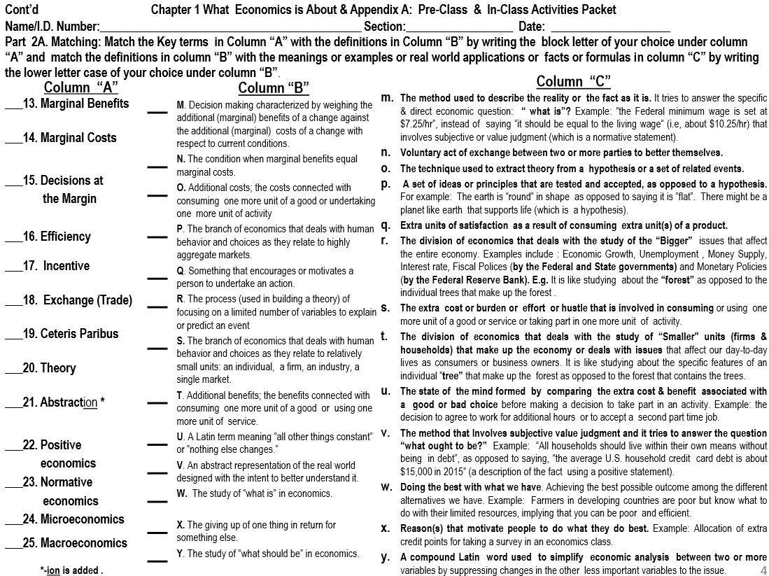  Cont'd Chapter 1 What Economics is About & Appendix A: Pre-Class