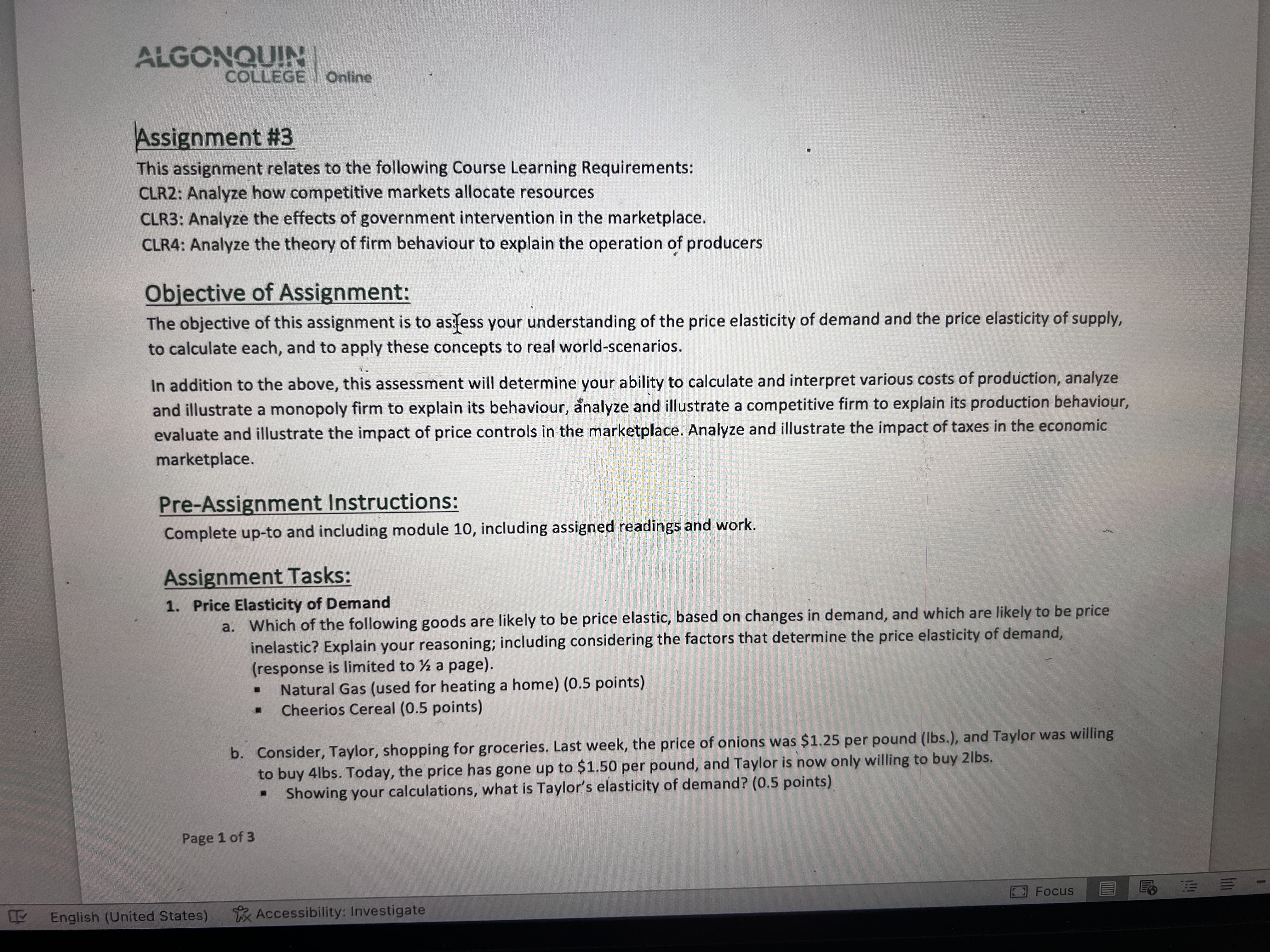  ALGONQUIN COLLEGE | Online Assignment #3 This assignment relates to the