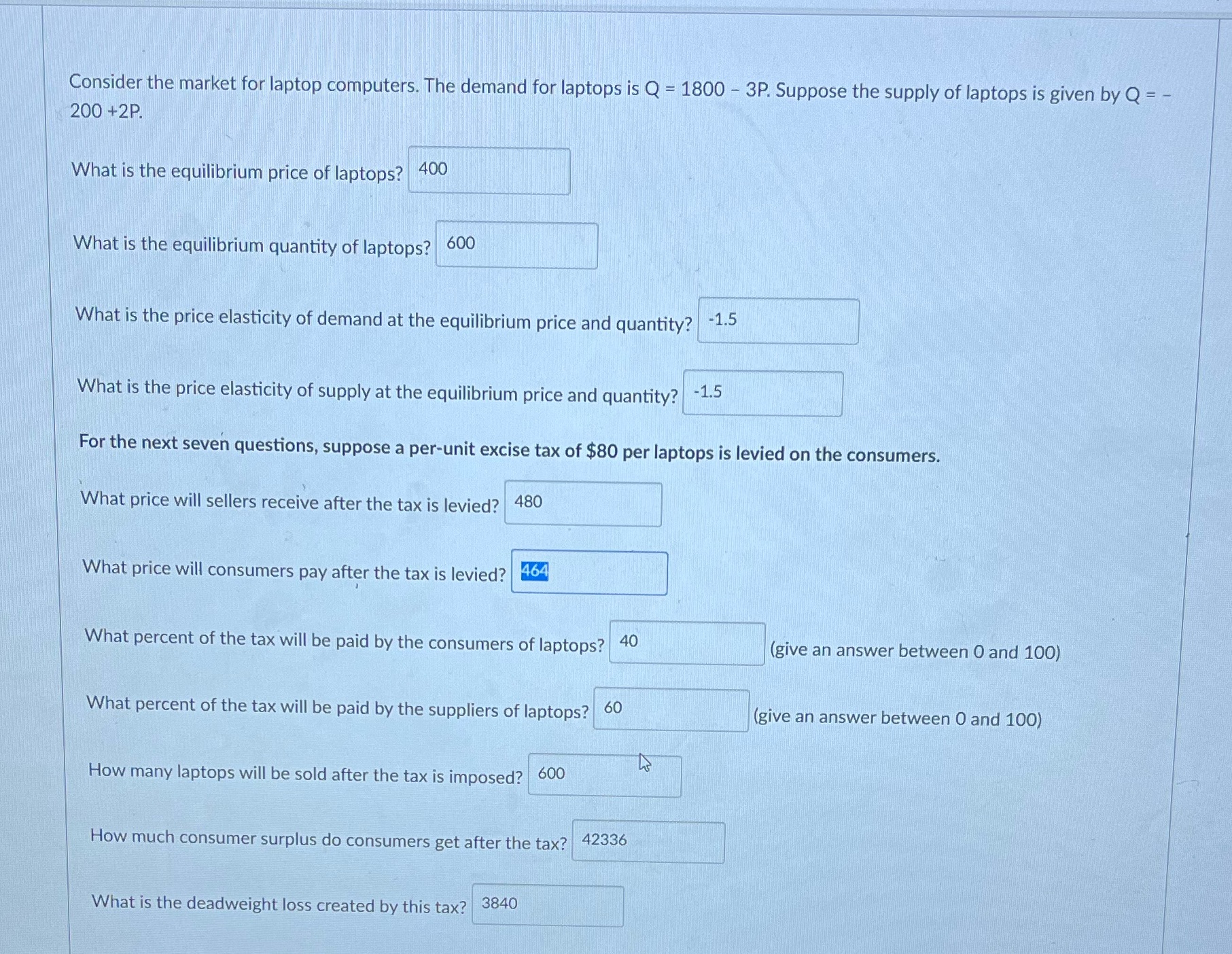 Q = 1800 - 3P. Suppose the supply of laptops is given