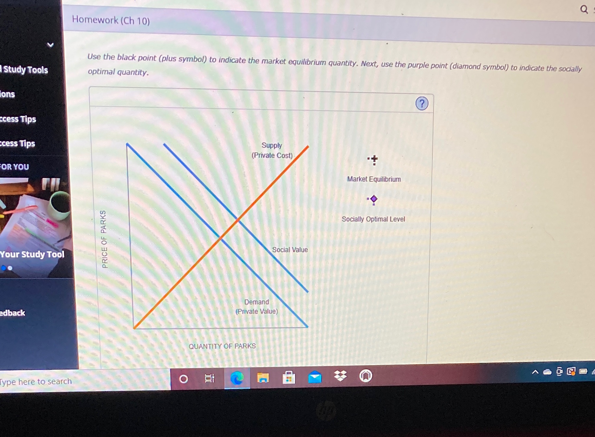 indicate the market equilibrium quantity. Next, use the purple point (diamond symbol)