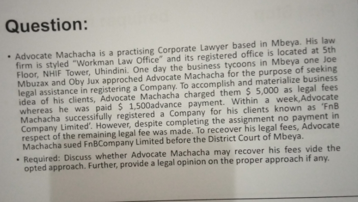 Corporate Lawyer based in Mbeya. His law firm is styled "Workman Law