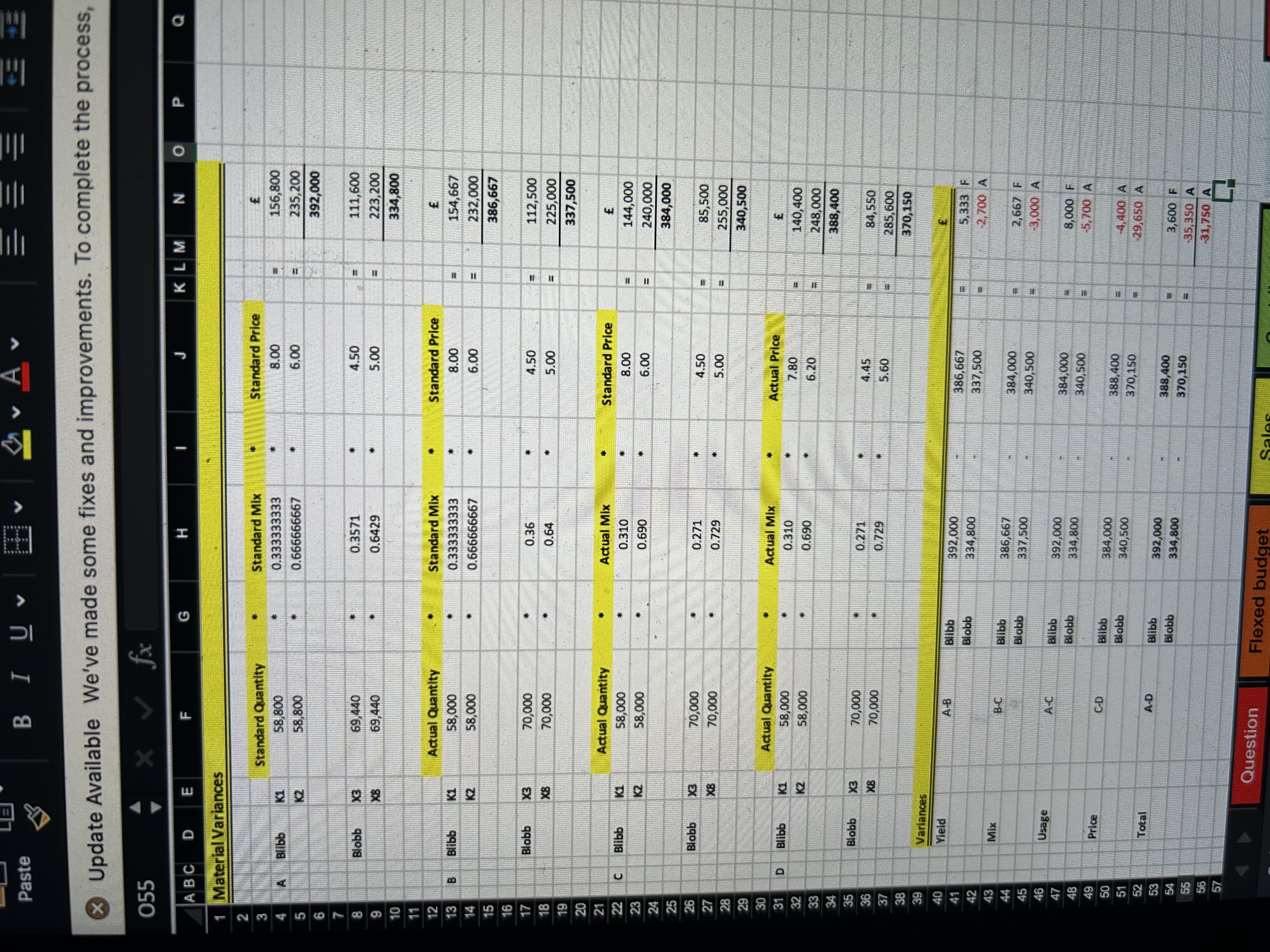 Quantity Standard Mix Standard Contribution A Blibb 22,000 0.454545455 72.00 720,000 Blobb