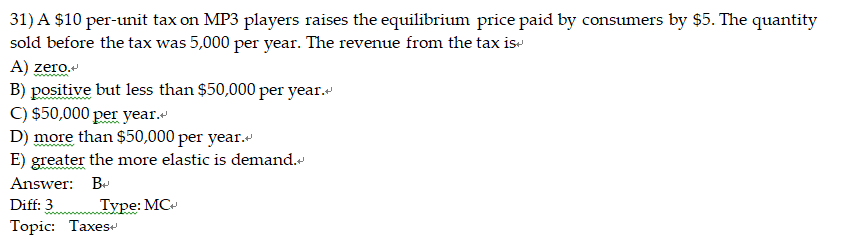 Quantity Marginal Cost (units) (dollars) UPON31) A $10 per-unit tax on MP3