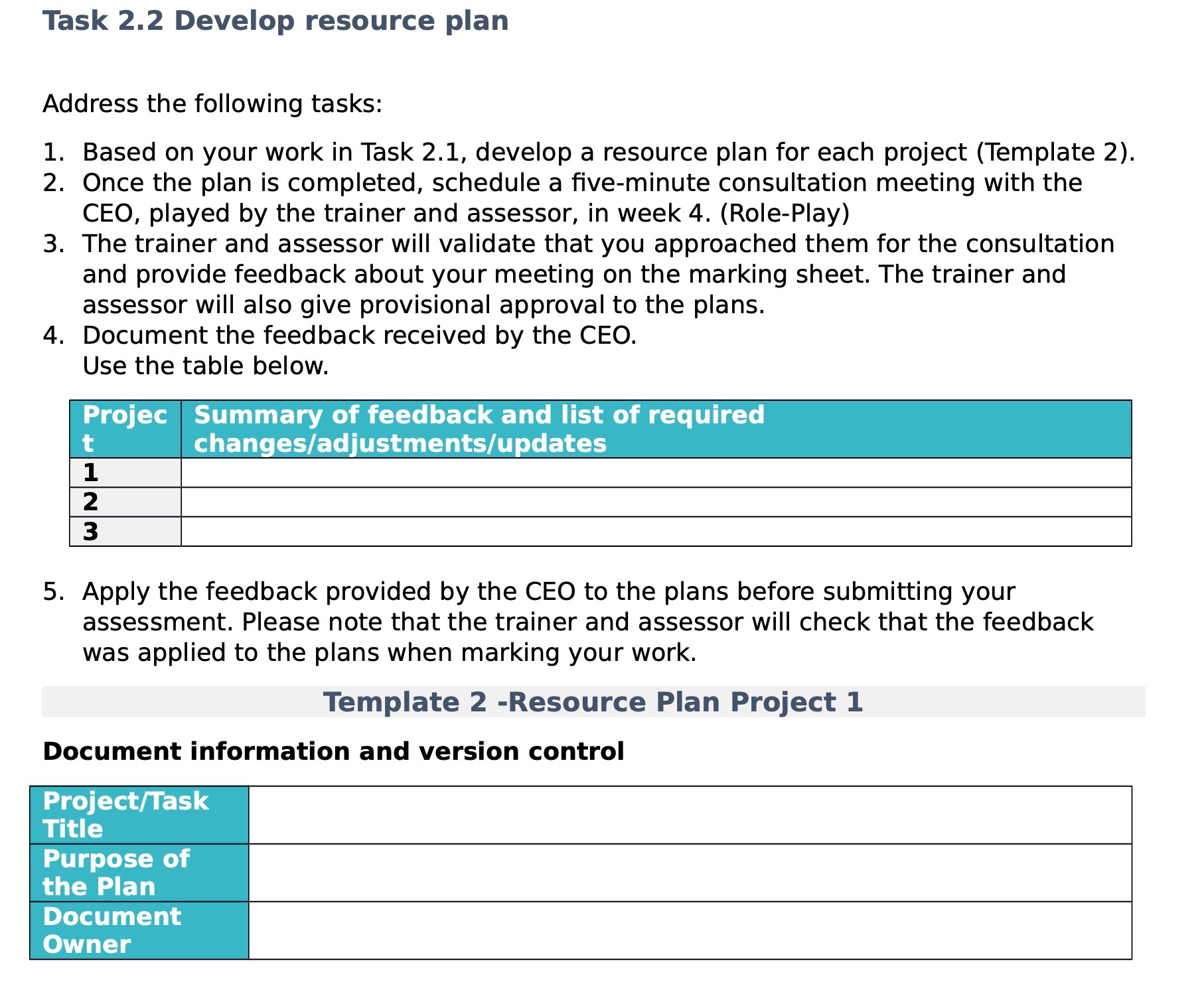Task 2.2 Develop resource plan Address the following tasks: 1. Based