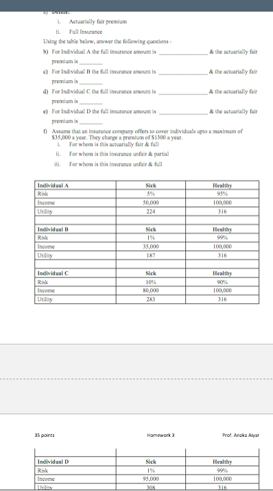 answer the following questions - b) For Individual A the full insurance