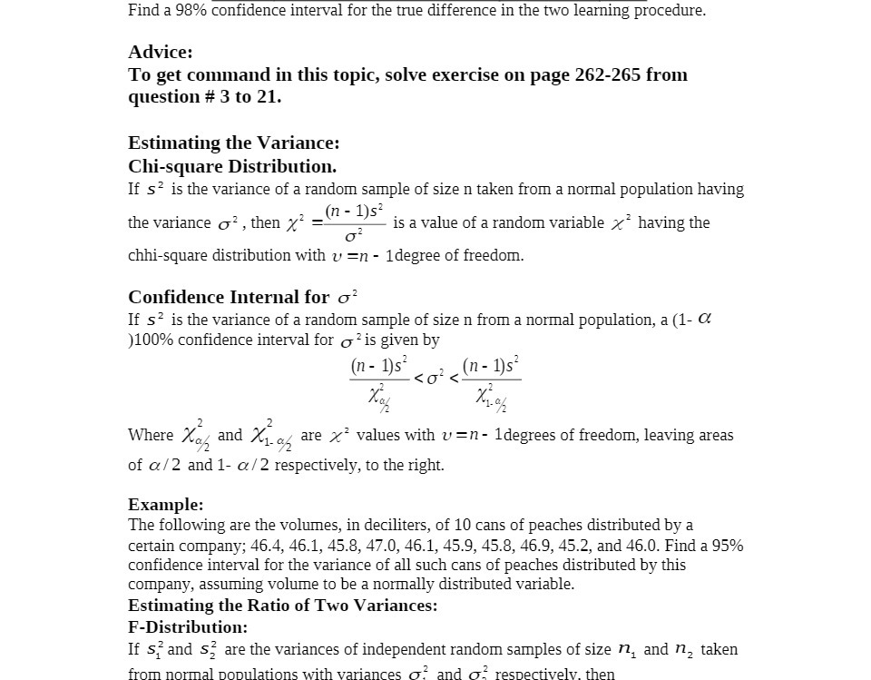  Find a 98% confidence interval for the true difference in the