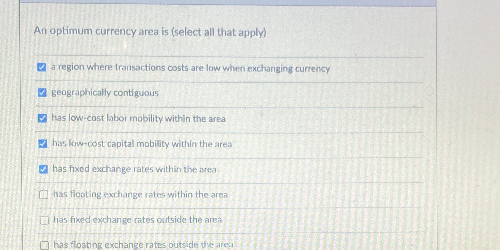  An optimum currency area is (select all that apply) a region