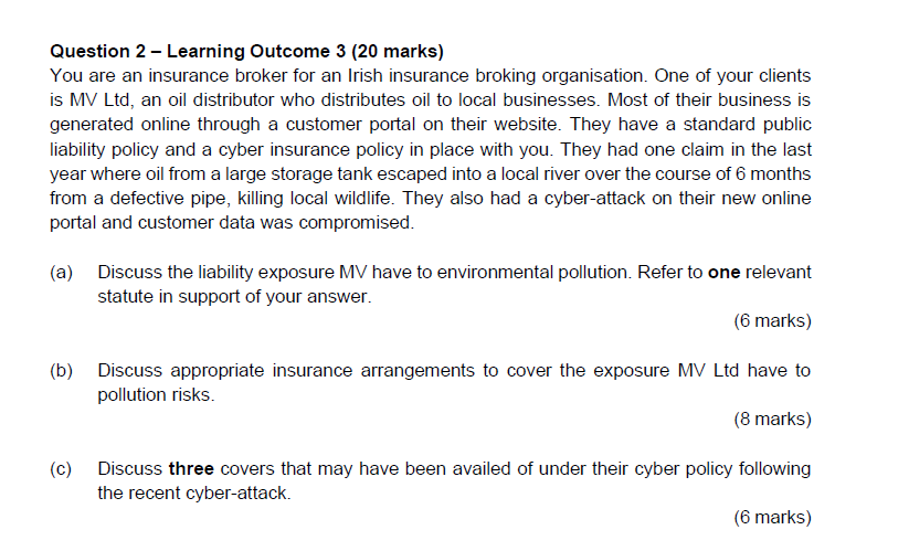  Question 2 Learning Outcome 3 [20 marks] You are an insurance