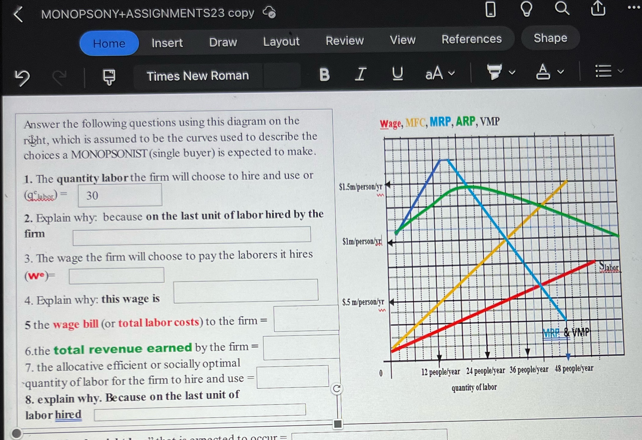 MONOPSONY+ASSlGNMENTS23 copy Insert Draw Layout Times New Roman Answer the following questions