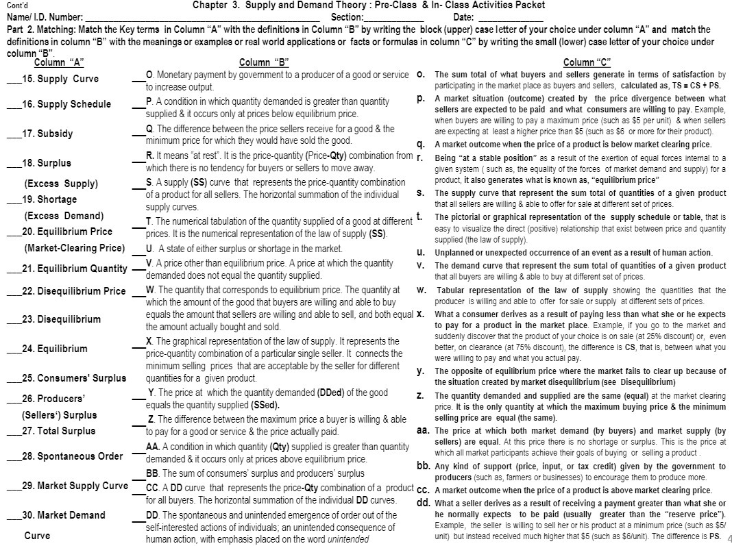 Cor-it'd Namel |.D. Number: Chapter 3. Supply and Demand Theory :