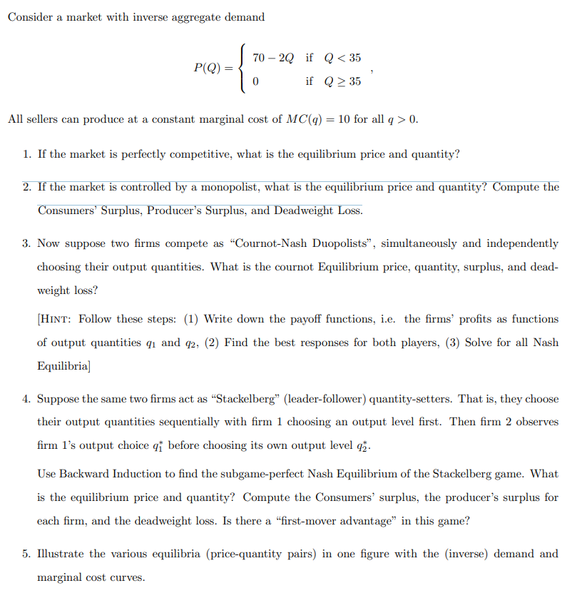  Simultaneous vs. Sequential Move Quantity Setting Games Consider a market with