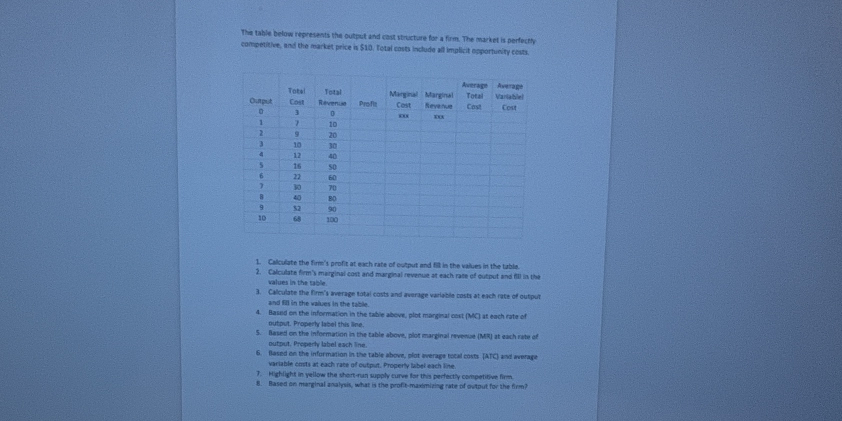  The table below represents the output and cast structure for a