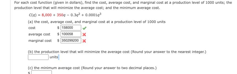 cost, and marginal cost at a production level of 1000 units; the