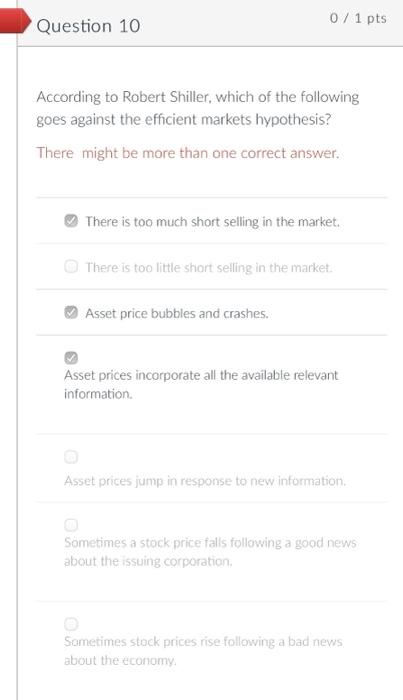 10 0 / 1 pts According to Robert Shiller, which of the