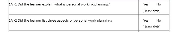 Yes No (Please circle) 1A -2 Did the learner list three aspects